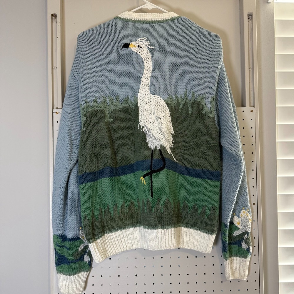 Orvis Cardigan Womens Large Gray Egrets Print Knit Snap Long Sleeve Cozy Sweater - Picture 9 of 14